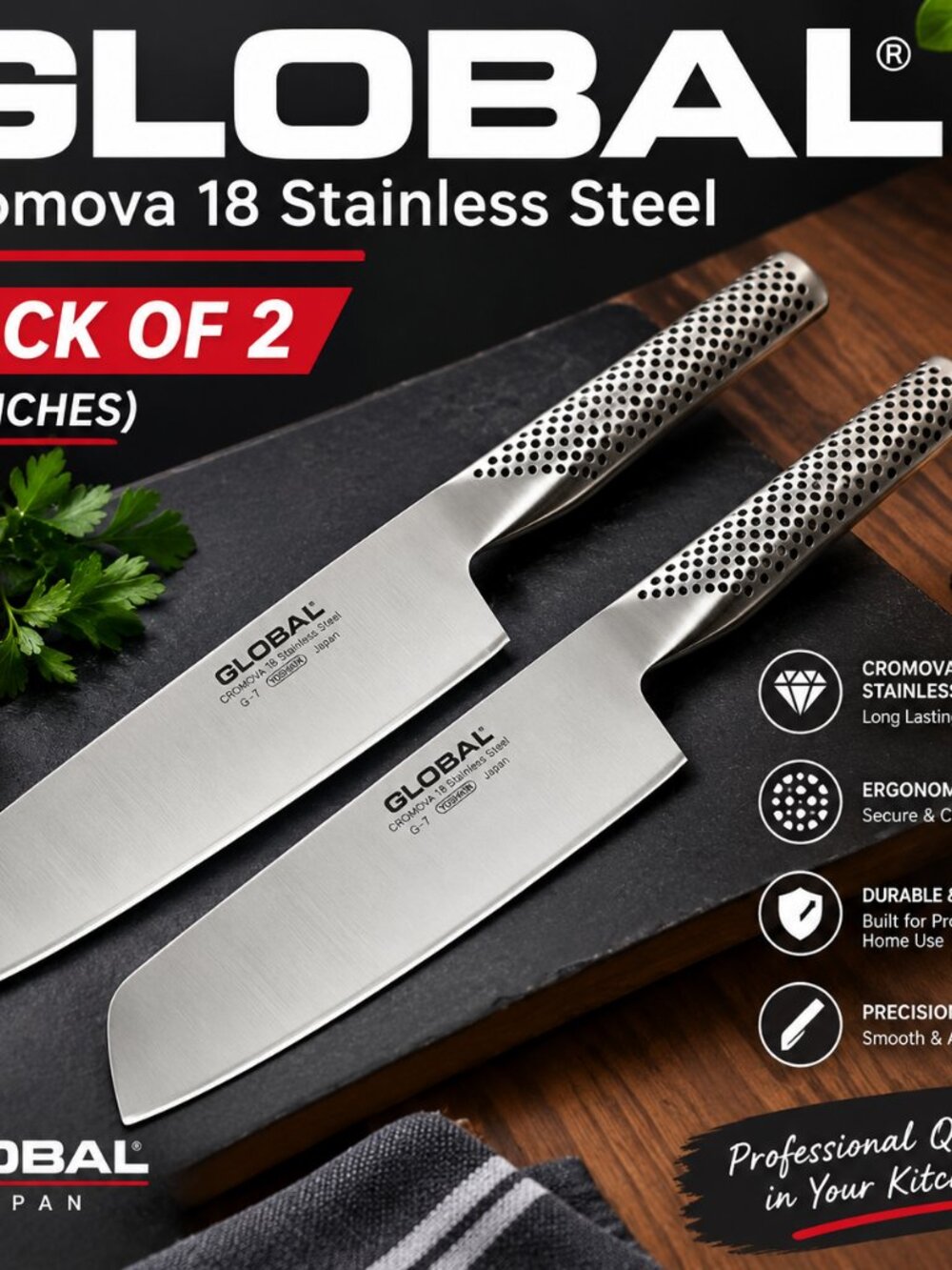 Global G5 7" Vegetable Knife " Cromova 18 Stainless Steel. | New in Box 2pack.